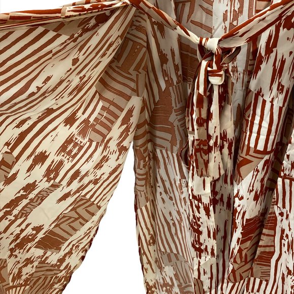 J. Brooks Boutique Robe Kimono Full Length Rust & Cream Tie Belt Split Sides - Picture 10 of 14